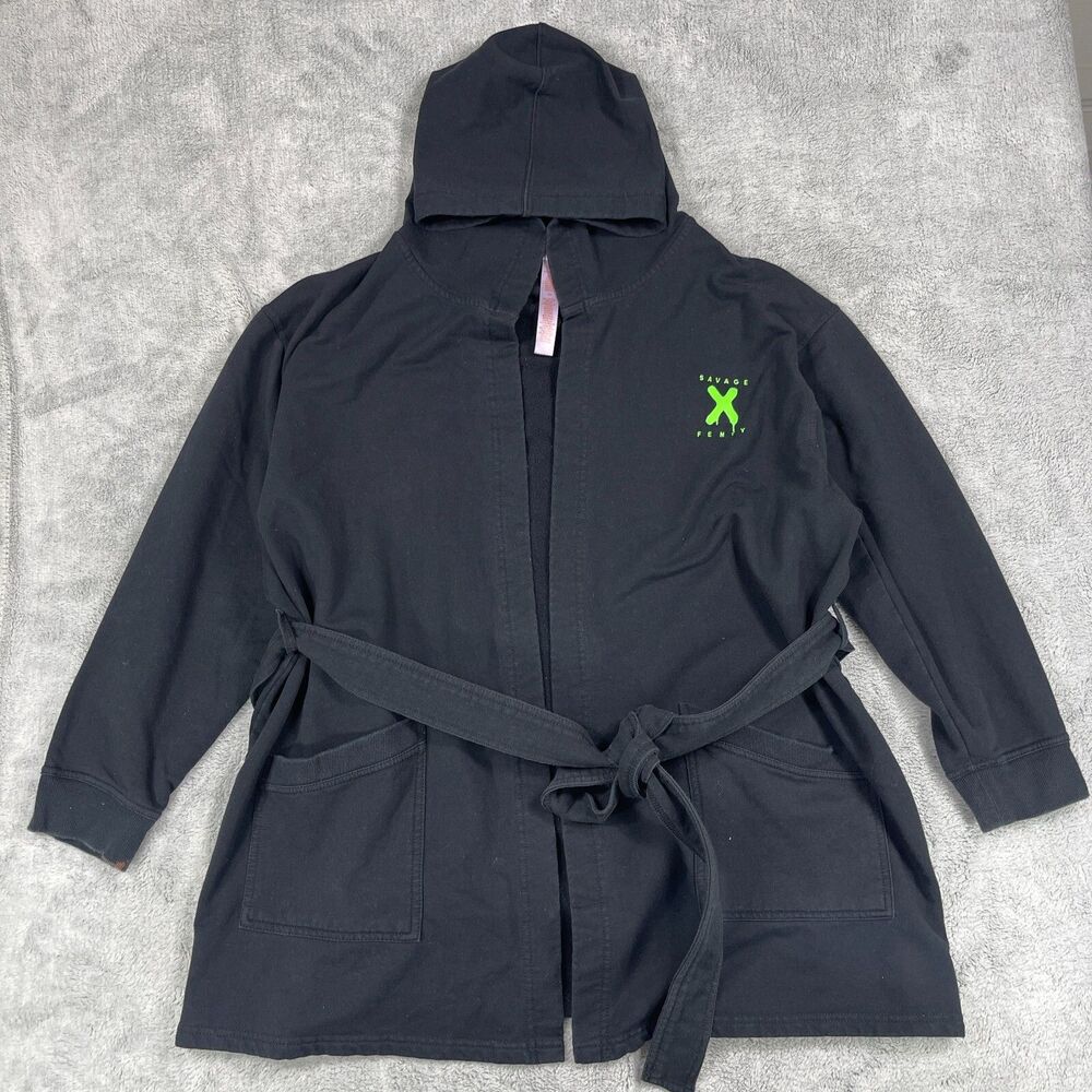 Savage X Fenty Rihanna Showgirl Short Robe Womens XS/S Black Logo Hooded Pockets